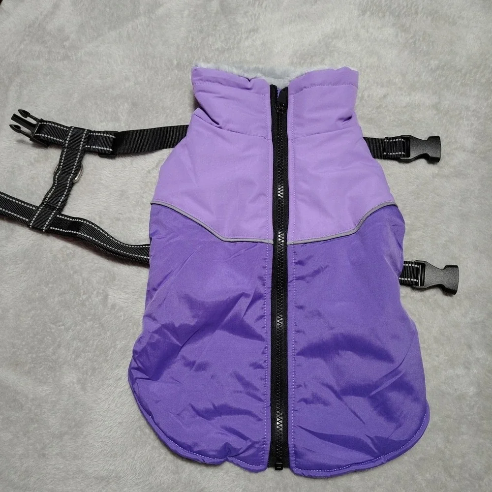 Pet Dog Jacket M  W/Harness Purple Winter Warm Clothes Waterproof Faux Fur‎
